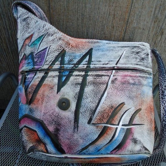 NOS Vintage Handpainted Crossbody Leather Funky P… - image 4