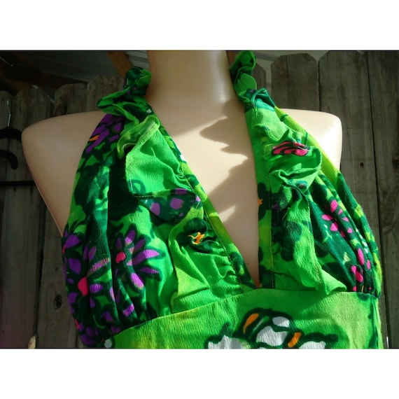 NOS Vtg 7 Halter Maxi Green Purple Orange Floral H