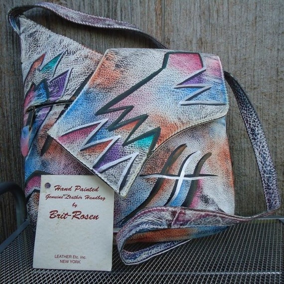 NOS Vintage Handpainted Crossbody Leather Funky P… - image 1