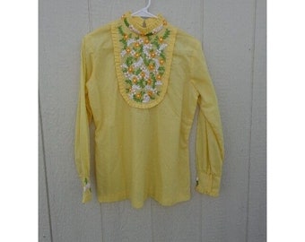 NOS Vtg 1970's Yellow Embroidered High Collar Blouse