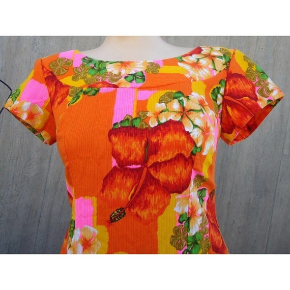 LN VTG 60s Orange Pink Yellow Floral Hawaiian Cot… - image 10