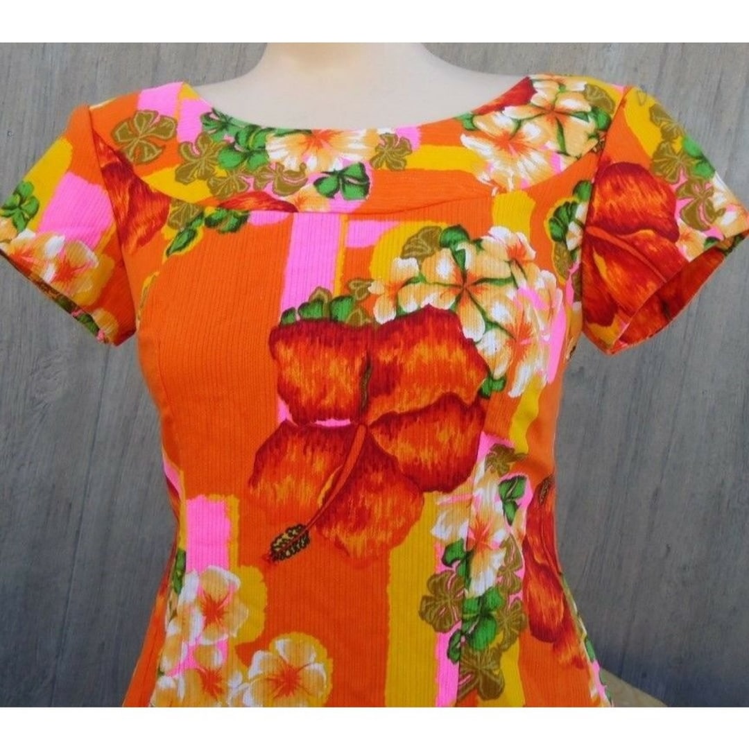LN VTG 60s Orange Pink Yellow Floral Hawaiian Cotton Dress Penneys ...