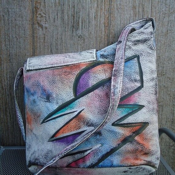 NOS Vintage Handpainted Crossbody Leather Funky P… - image 10
