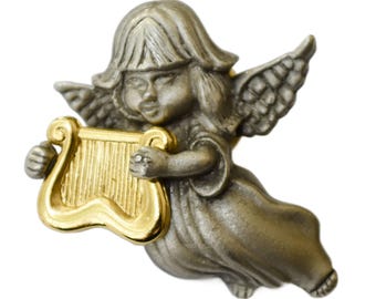 Pin de anjo em tom dourado de estanho, joia religiosa com broche de anjo para harpa