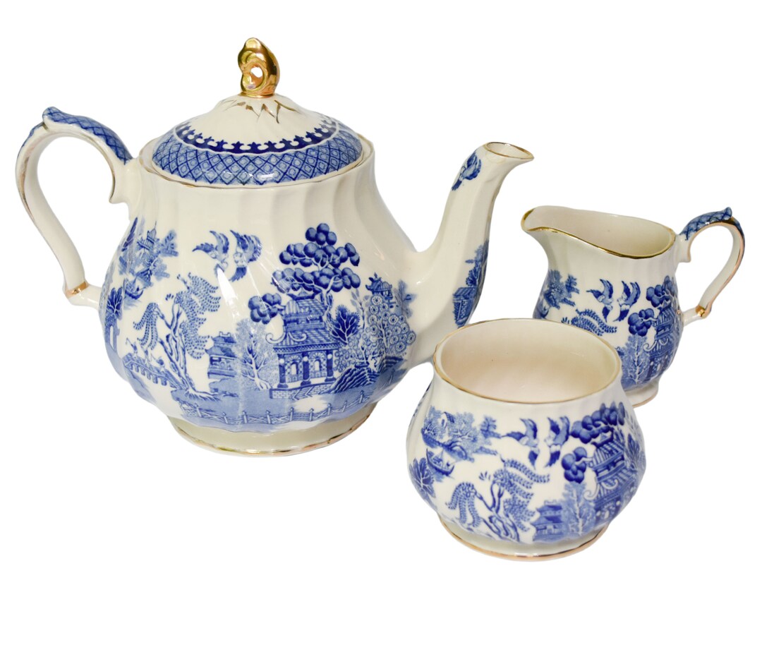 Sadler Blue Willow Tea Set Tea Pot Creamer Sugar Gold Accent Etsy