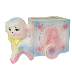 Vintage Curly Blue Pink Lamb Alphabet Cart Ceramic Planter Pot Nursery Baby Kitsch Nancy Pew Taiwan