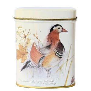 Vintage Small Tin Can Container England Bird Mandarin Duck Drawing Cottage Decor Rustic Farmhouse