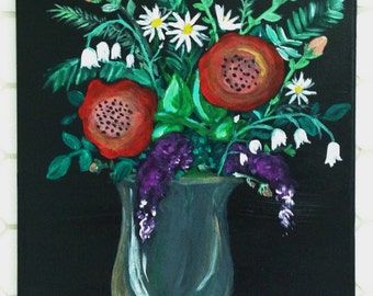 208cedarlane On Etsy - folk art wild flower bouquet painting 11x14 acrylic on canvas wall art