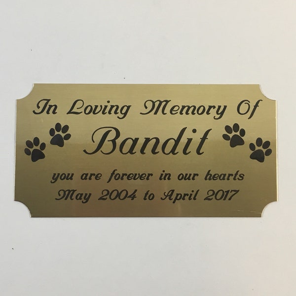 Pet Memorial Engraved Solid Brass Urn Plate -Paw Prints- Personalized Memory Plaque -Customized Urn Marker- Black Letters - Notched Corners