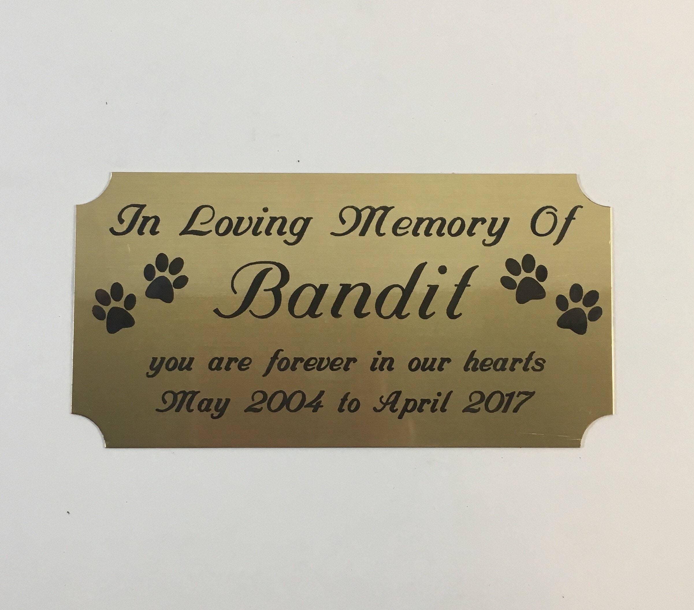 Pet Memorial Engraved Solid Brass Urn Plate -Paw Prints- Personalized Memory Plaque -Customized Urn Marker- Black Letters - Notched Corners