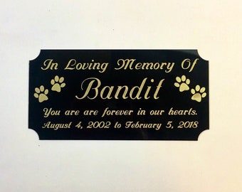 Pet Memorial Engraved Solid Black Brass Plaque - Paw Prints- Gold Letters - Notched Corners Personalized Plaque - Customized Urn Marker