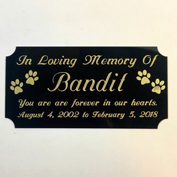 Pet Memorial Engraved Solid Black Brass Plaque - Paw Prints- Gold Letters - Notched Corners Personalized Plaque - Customized Urn Marker