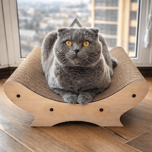 Puede incluir: Un gato gris Scottish Fold con ojos amarillos descansa sobre un rascador para gatos. El rascador está hecho de cartón corrugado y madera clara, con un diseño curvo. El gato está centrado en la imagen, mirando directamente al espectador.