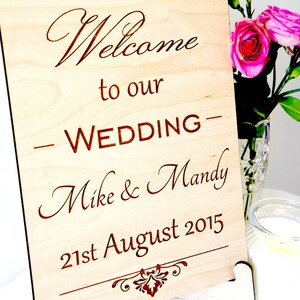 Personalised Wooden Welcome Wedding Sign: Engraved Rustic Plaque