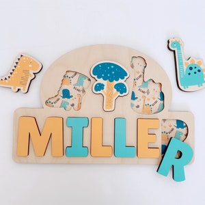 Rompecabezas de madera con nombre, regalo de dinosaurio, rompecabezas de dinosaurio, juguetes de madera personalizados, regalo de primer cumpleaños para bebé niño niña, aprendizaje Montessori