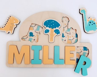 Wooden Name Puzzle, Dinosaur gift, Dino Jigsaw Puzzle, Personalised Wooden Toys,Baby Boy Girl 1st Birthday Gift,Montessori Learning