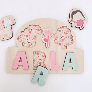 Holz Namen Puzzle, Einhorn Fee Puzzle, personalisierte Holzspielzeug, Baby Mädchen 1. Geburtstag Geschenk, Montessori Lernen