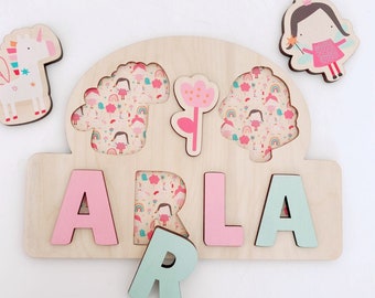 Wooden Name Puzzle, Unicorn Fairy Jigsaw Puzzle, Personalised Wooden Toys,Baby Girl 1st Birthday Gift,Montessori Learning