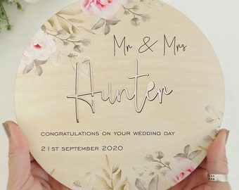 Gepersonaliseerde Mr & Mrs Wedding Gift, Houten Bruidspaar Teken, Floral Wedding Details Plaque, Gefeliciteerd Wedding Day Keepsake, Just Married