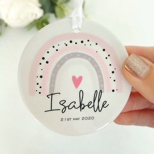 Personalised New Baby Gift, Newborn Keepsake Gift, Baby Girl Rainbow Keepsake Decoration Ornament, Pink Grey Rainbow, Name Birth