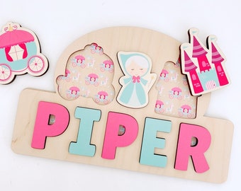 Wooden Name Puzzle, Princess Fairytale Jigsaw Puzzle,Personalised Wooden Toys,Pink Baby Girl 1st Birthday Gift,Montessori