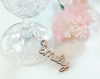 Wooden Place Names, Wine Glass Charms, Wedding Place Cards, Wood Wedding Favour, Laser Cut Names, Hen Party Gift, Name Keyring