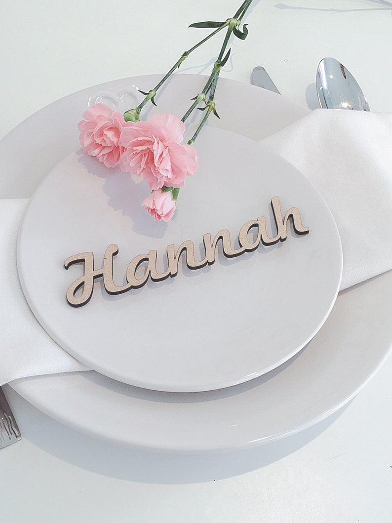 Wedding Place Cards, Wooden Place Names, Laser Cut Names, Wood Wedding Favors, Personalised Rustic Elegant Table Names Settings Gold Silver image 1