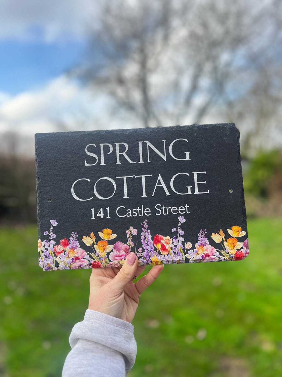Spring Sign Outside House Spring Flowers Slate House Sign | Personalised House Number Plaque ...