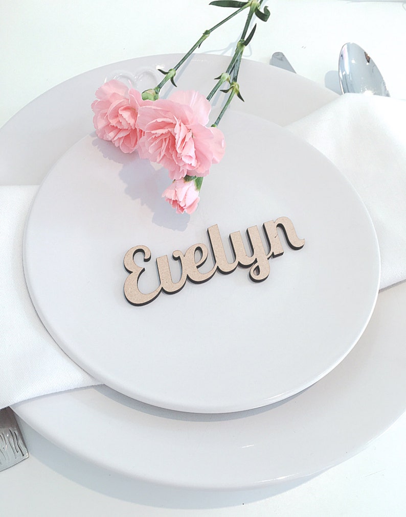 Wedding Place Cards, Wooden Place Names, Laser Cut Names, Wood Wedding Favors, Personalised Rustic Elegant Table Names Settings Gold Silver image 3