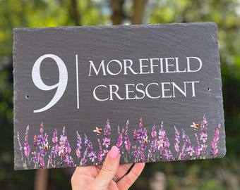 Slate House Number Sign Lavender, Custom Address UV Printed Outdoor Door Plaque, Rustic Cottage Garden Street Name, Personalised  Home Gift