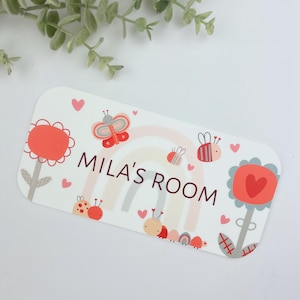 Personalised Flower Bedroom Door Sign, Name Room Sign, Cute Love Bug Theme,Baby Nursery Décor,Kids Wall Hanging,Butterfly Bee Garden Insects