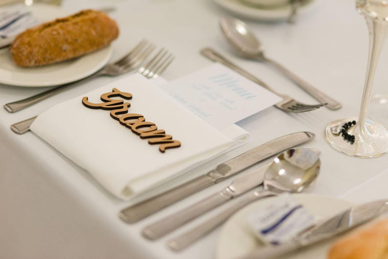 Wedding Place Cards, Wooden Place Names, Laser Cut Names, Wood Wedding Favors, Personalised Rustic Elegant Table Names Settings Gold Silver image 8