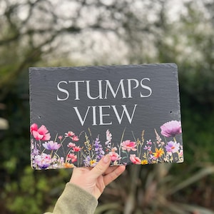 Puede incluir: Un letrero rectangular de pizarra negra con las palabras "STUMPS VIEW" en blanco. El borde inferior está decorado con un colorido diseño floral con flores rosas, moradas y amarillas. El letrero está sostenido por una persona.