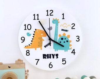 Personalised Children's Clock, Dinosaur Decor, Children's Gift, Silent Nursery Clock, Boys Name Bedroom Clock, Tell The Time