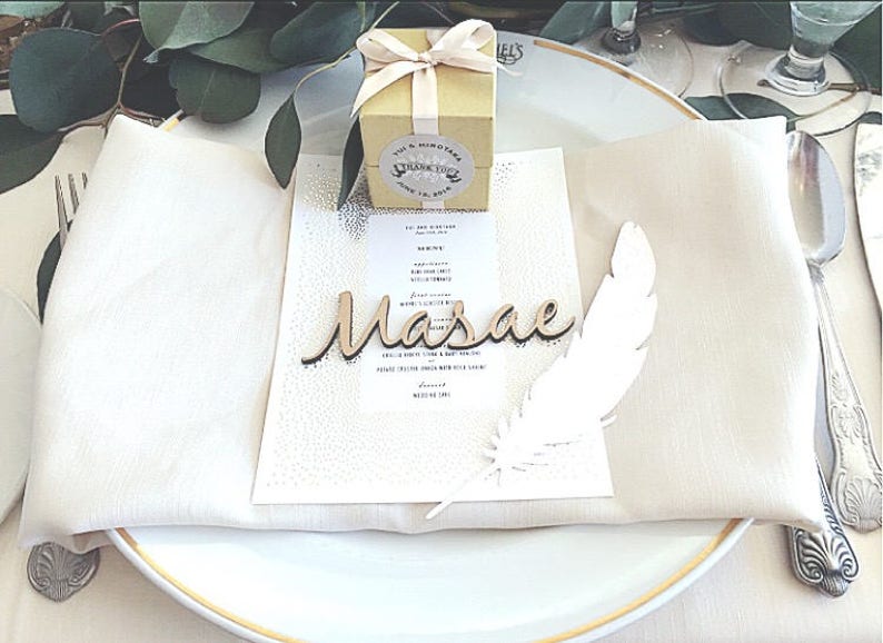 Wedding Place Cards, Wooden Place Names, Laser Cut Names, Wood Wedding Favors, Personalised Rustic Elegant Table Names Settings Gold Silver image 9