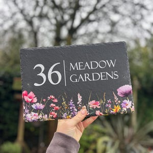 Meadow Flower Slate House Sign | personalised House Number Plaque | Garden Wildlife Door Sign | Outdoor Rustic Home Address Plate