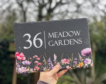 Meadow Flower Slate House Sign | personalised House Number Plaque | Garden Wildlife Door Sign | Outdoor Rustic Home Address Plate