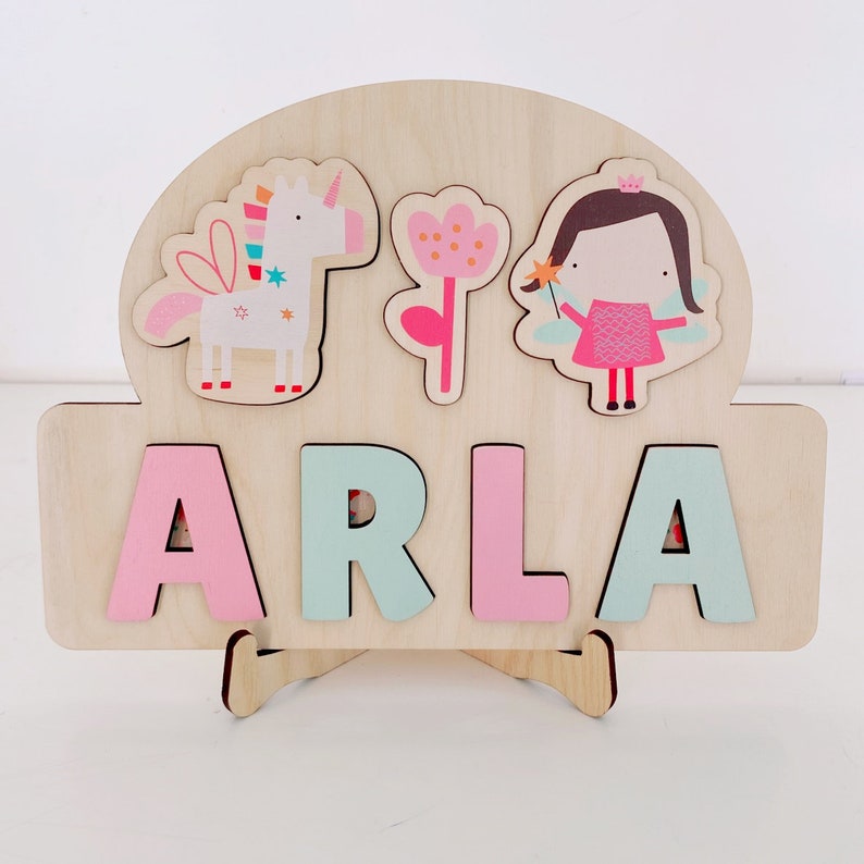 Wooden Name Puzzle, Unicorn Fairy Jigsaw Puzzle, Personalised Wooden Toys,Baby Girl 1st Birthday Gift,Montessori Learning image 4