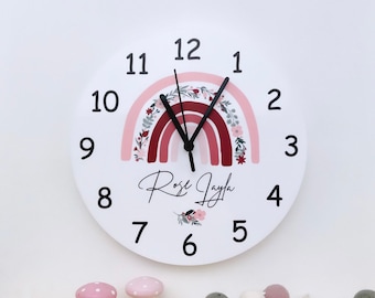 Reloj personalizado para niños, decoración de arcoíris, regalo para niños, reloj silencioso para guardería, reloj de dormitorio con nombre para niñas, decir la hora