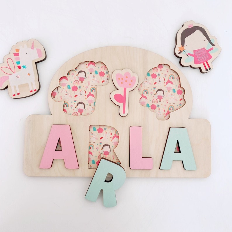 Wooden Name Puzzle, Unicorn Fairy Jigsaw Puzzle, Personalised Wooden Toys,Baby Girl 1st Birthday Gift,Montessori Learning image 1