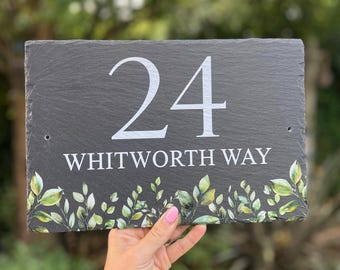 Personalised Slate House Sign Leaf,  Custom UV Printed Outdoor Door Plaque, Rustic Foliage Cottage Garden Address Name,  Number Home Gift