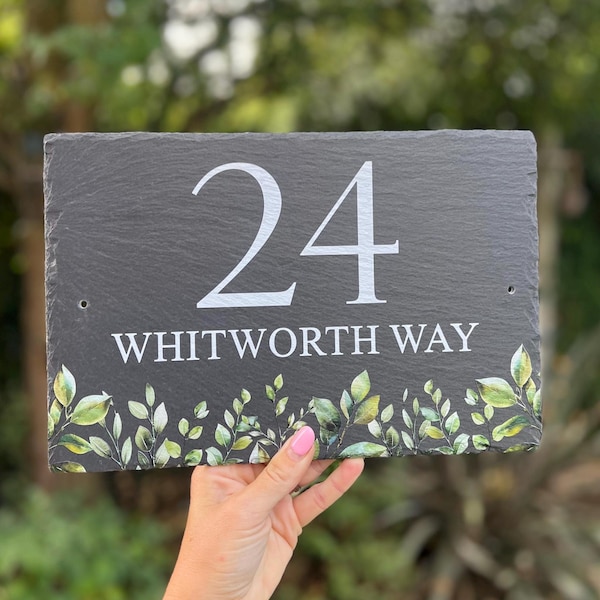 Personalised Slate House Sign Leaf,  Custom UV Printed Outdoor Door Plaque, Rustic Foliage Cottage Garden Address Name,  Number Home Gift
