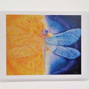Carte libellule, carte soleil lune, carte solstice, cadeau spirituel, carte amour spirituel, carte yoga, art visionnaire, totem libellule, art céleste