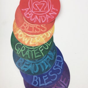 Conjunto de adesivos de chakra, adesivos de afirmação, símbolos de chakra, adesivos da Lei da Atração, conjunto de chakra, presente de arte espiritual, decalques de arco-íris, ioga