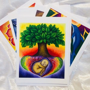 Ensemble-cadeau spirituel de carte de voeux de naissance, cadeau de grossesse, cadeau d'art de sage-femme, cadeau de baby shower, carte d'art de naissance, art de déesse de naissance, cadeau de naissance