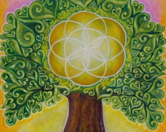 Tree of Life art print, Gaia art, Earth Painting, Flower of Life, Healing art,Sacred Geometry, Visionary art, Celestial art, Prana,Awakening