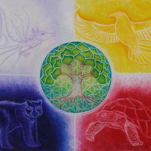 Medicine Wheel Art card, Tree of Life art, Gaia art, Earth Painting, Flower of Life, Healing art, Four Directions, Spiritual art, Awakening