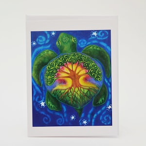 Carte de voeux tortue, carte de voeux arbre de vie, art visionnaire, Gaïa, art fantastique, carte de voeux spirituelle, étoiles et céleste, racines d'arbre