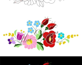 Downloadable 2 in 1 Freehand Hungarian Kalocsa Motif – Coloured Printable with pattern | PNG Folk Art