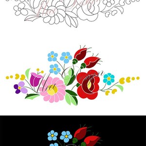May include: A colourful floral embroidery design with red, pink, blue, yellow, and purple flowers. The design is on a white background and a black background.